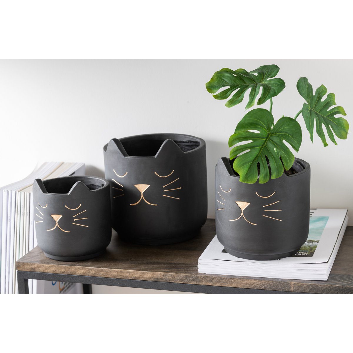 J-Line – Blumentopf Katze – Keramik – Schwarz/Gold – Groß – Ø19,00 cm