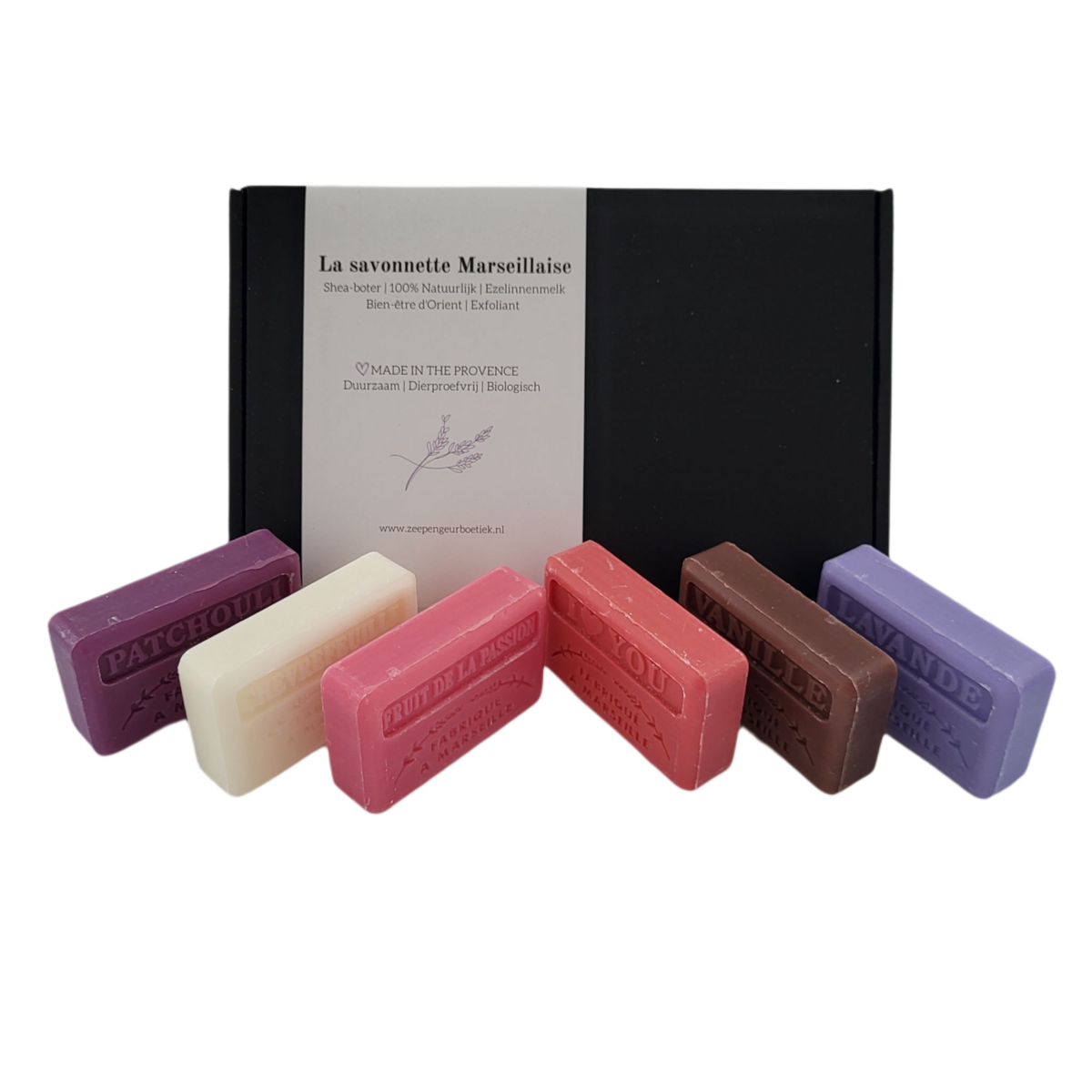 Boutique de parfums de savons - Coffret de blocs de savon 'Patchouli, je t'aime, Fruit de la passion, Chevrefeuille, Vanille, Lavande'