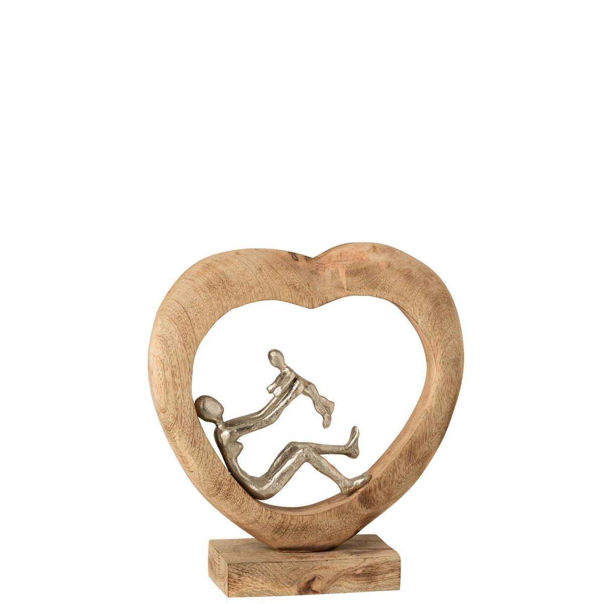 J-Line - Figurine Parent avec Enfant Coeur Bois de Manguier/Aluminium Naturel/Blanc