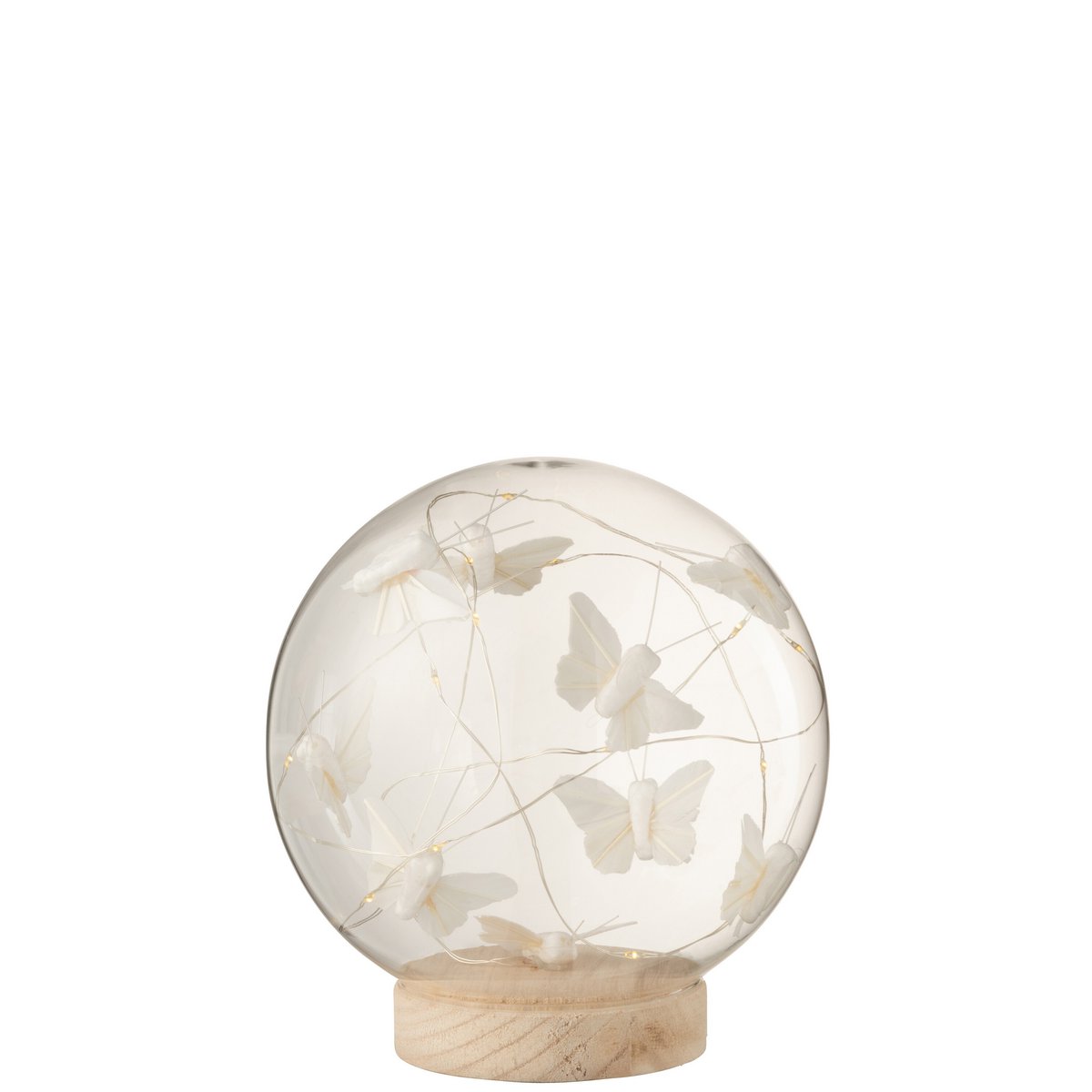 J-Line - Cloche avec papillons - Verre/Bois - Naturel - L - Lumières LED