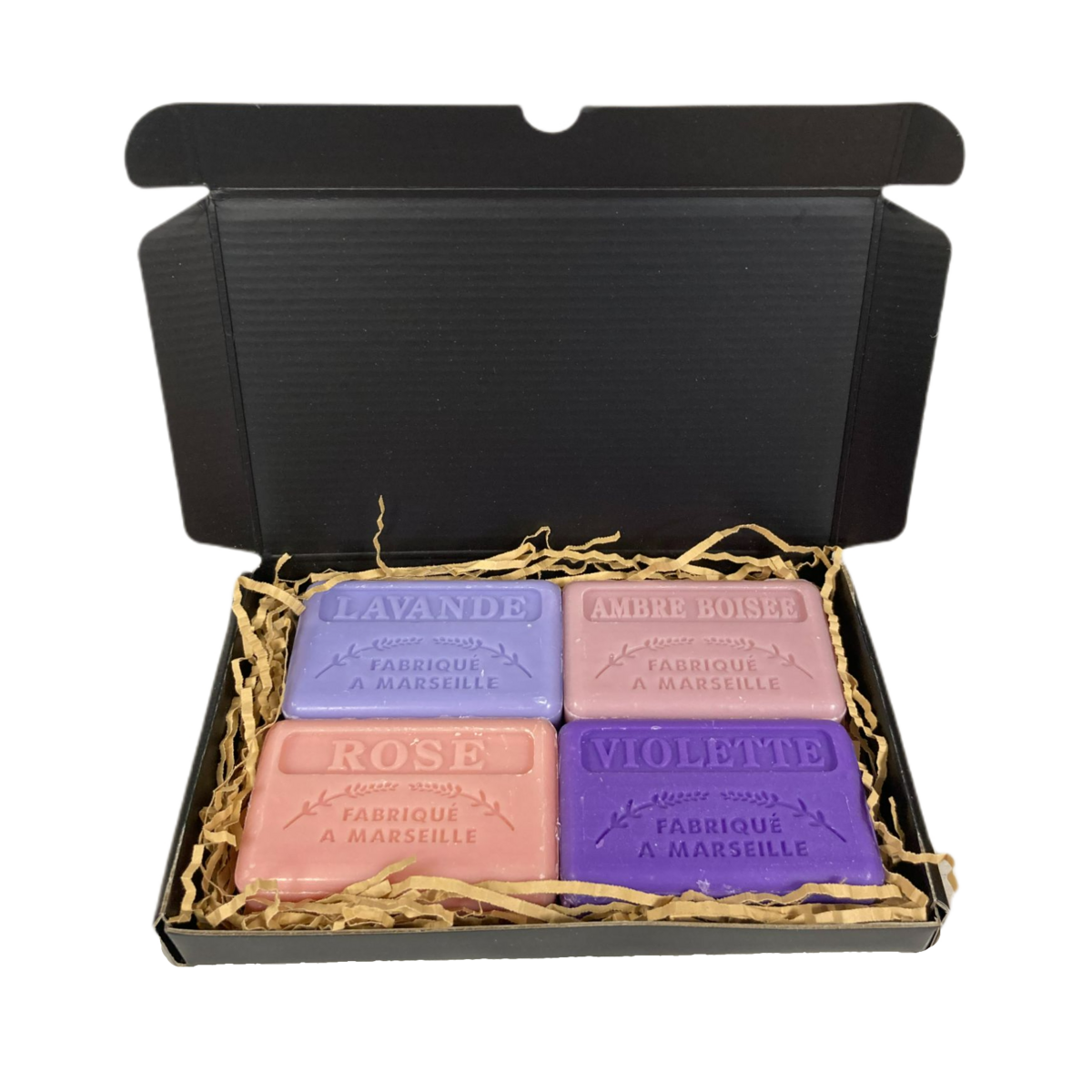 Boutique parfums de savons - Cadeau boîte aux lettres avec blocs de savon 'Lavande, Ambre Boisée, Rose, Violette'