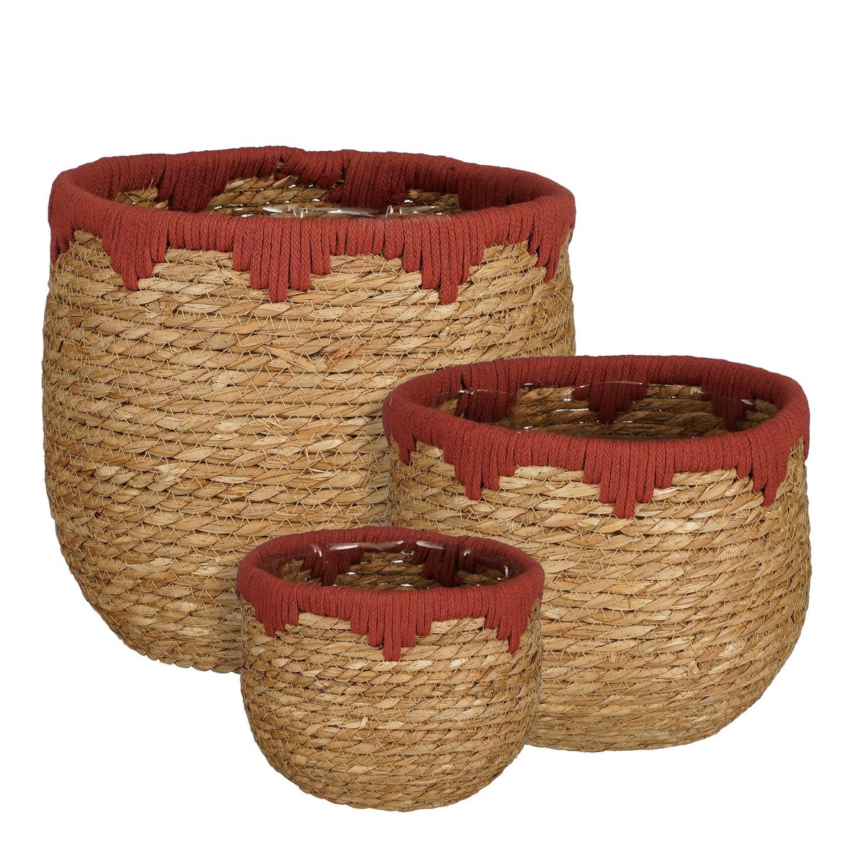 Mica Decorations - Panier à Plantes Jorck - Lot de 3 - H24 x Ø26 cm - Jonc de Mer - Rouge, Marron