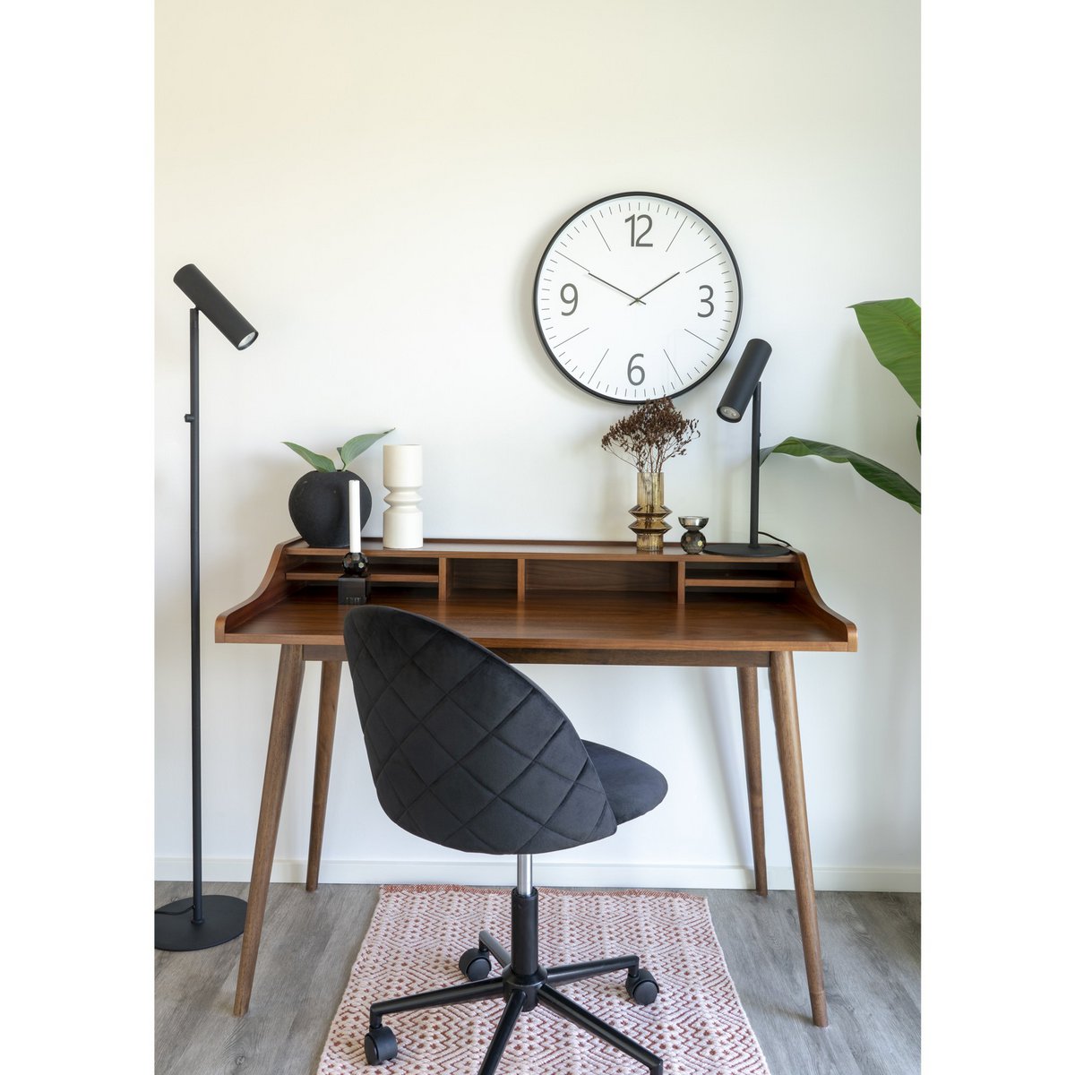 House Nordic - Geneve Office Chair - Chaise de bureau en velours, noir avec pieds noirs, HN1207