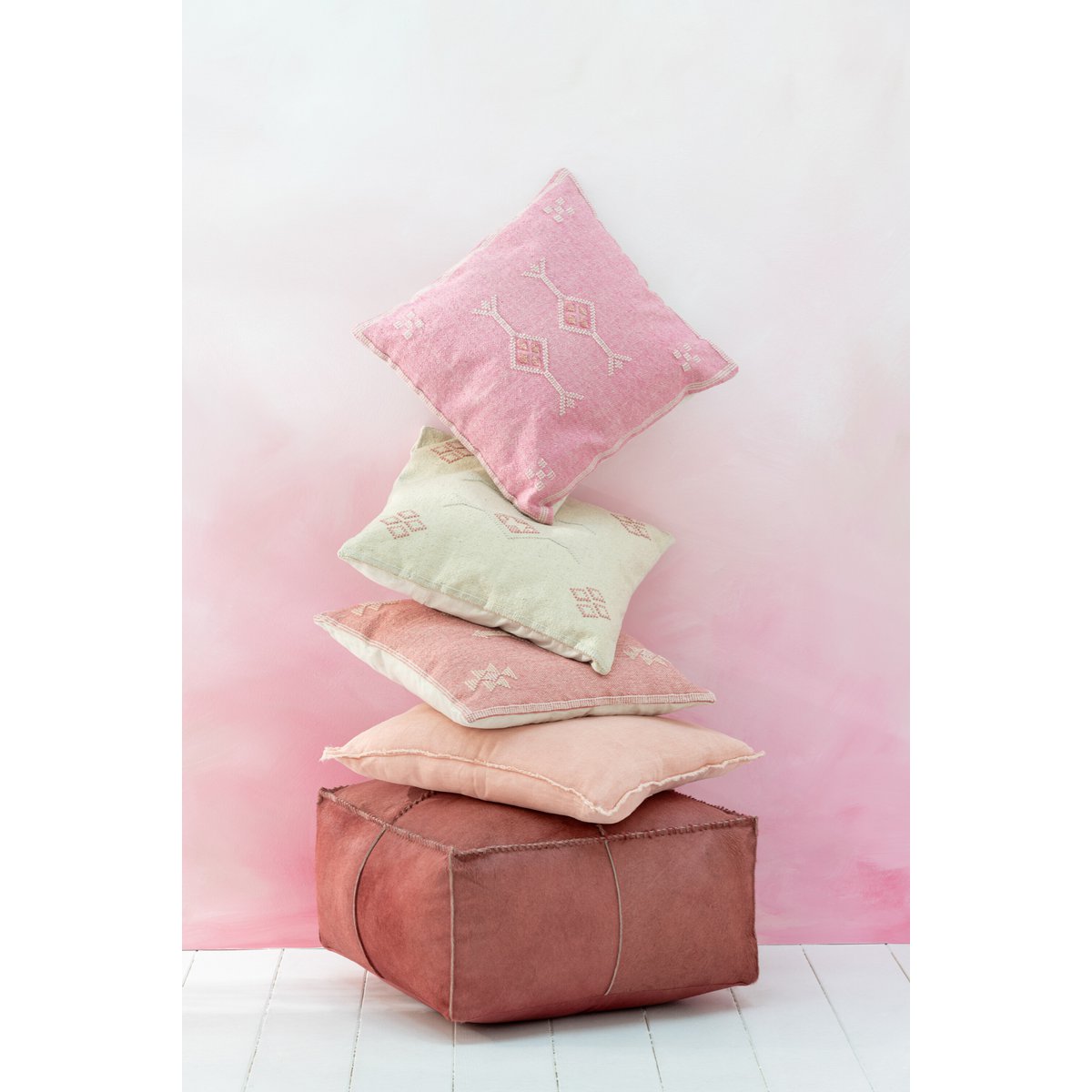 J-Line - Coussin Diamants + Flèches - Coton - Pêche/Rose