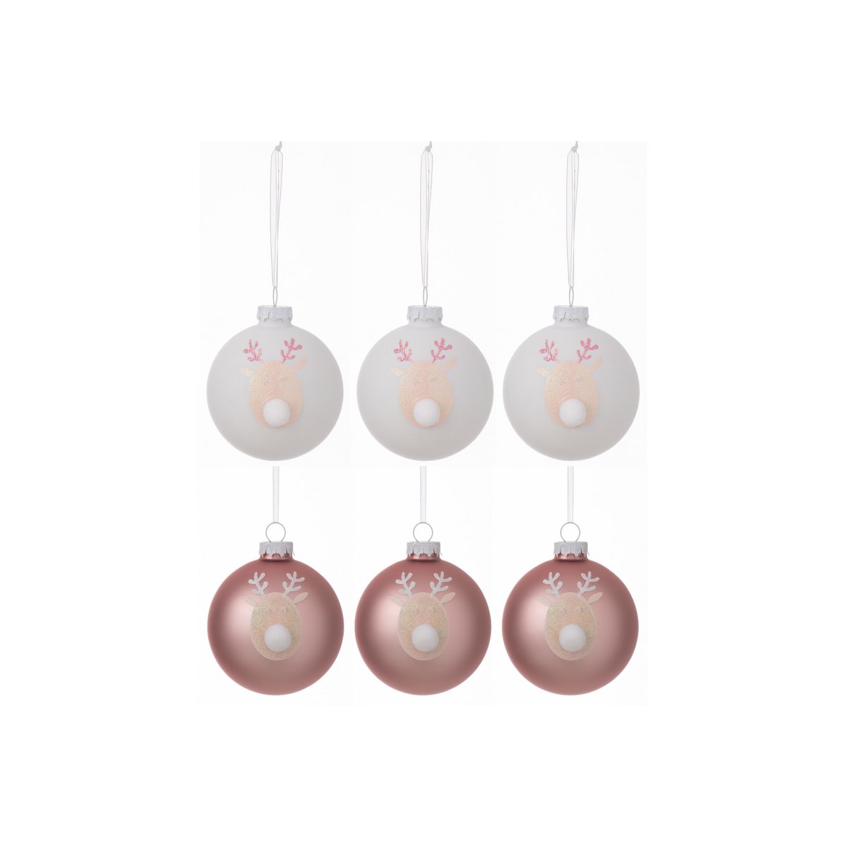 J-Line Doos Van 6 Kerstballen 3+3 Rendier Glas Licht Roze/Wit Small