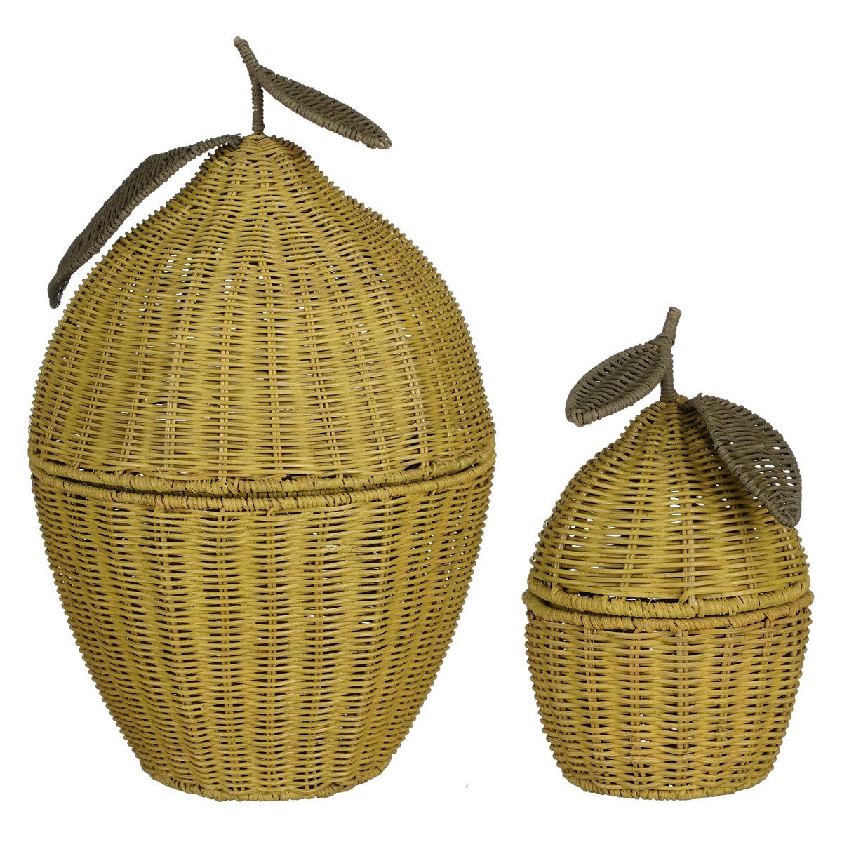 Mica Decorations - Opbergmand met Deksel - Set van 2 - H48 x Ø30 cm - Rotan - Geel