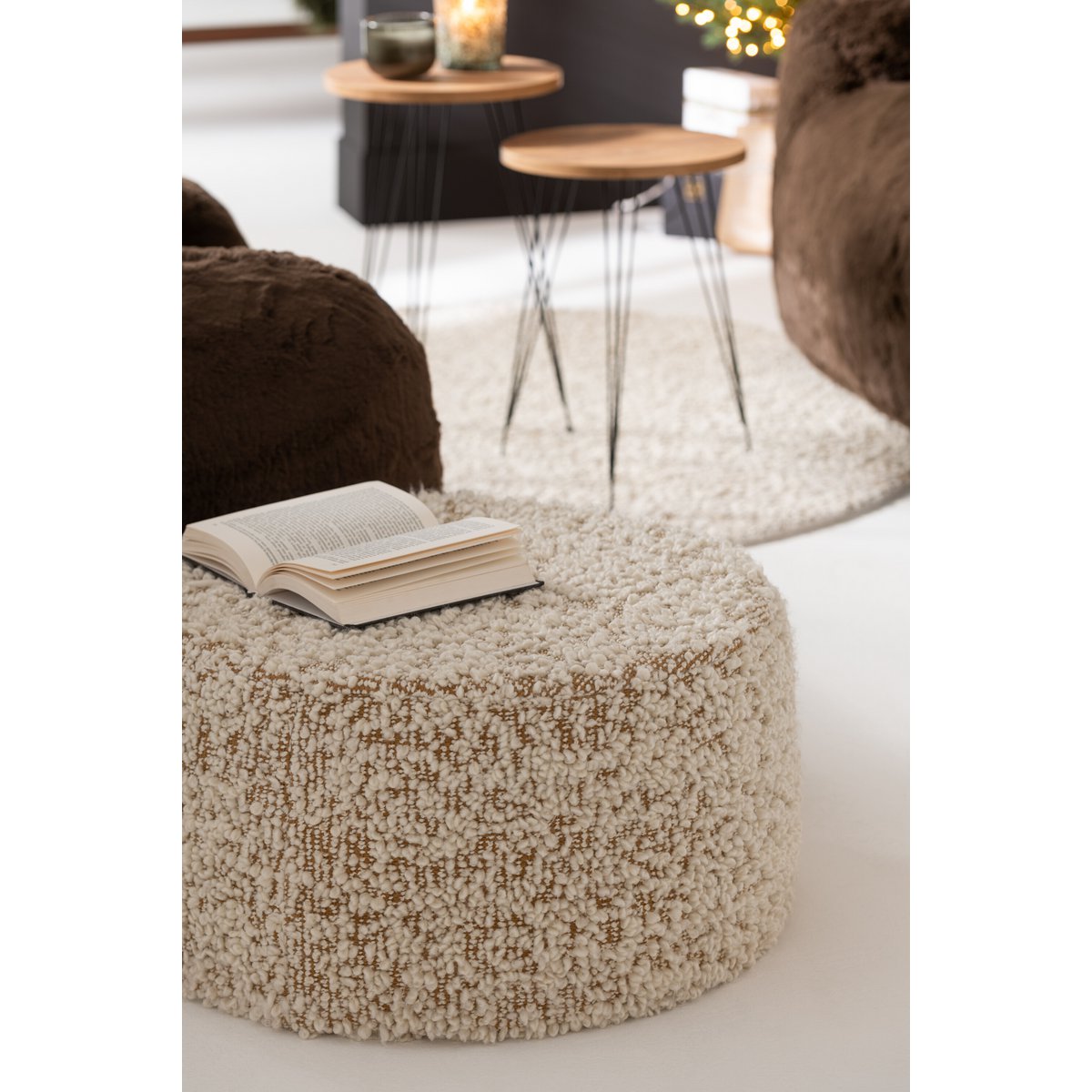 J-Line - Pouf Round Bouclé Baumwolle/Polyester Kamel/Creme