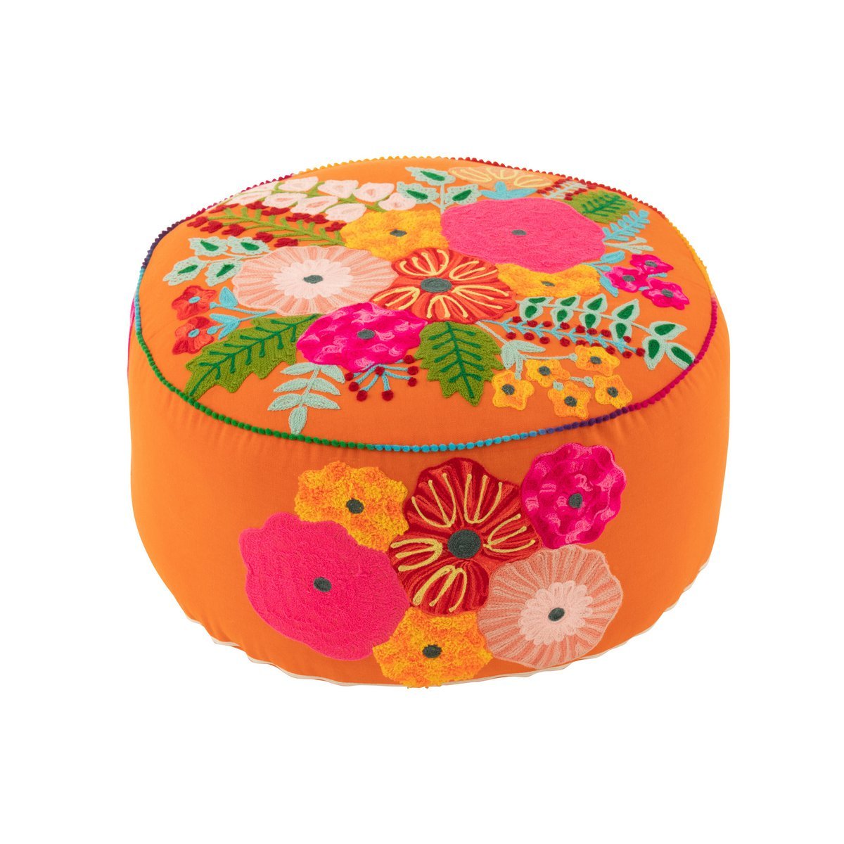 J-Line - Pouf Runde Blumen bestickt Baumwolle/Polyester Orange