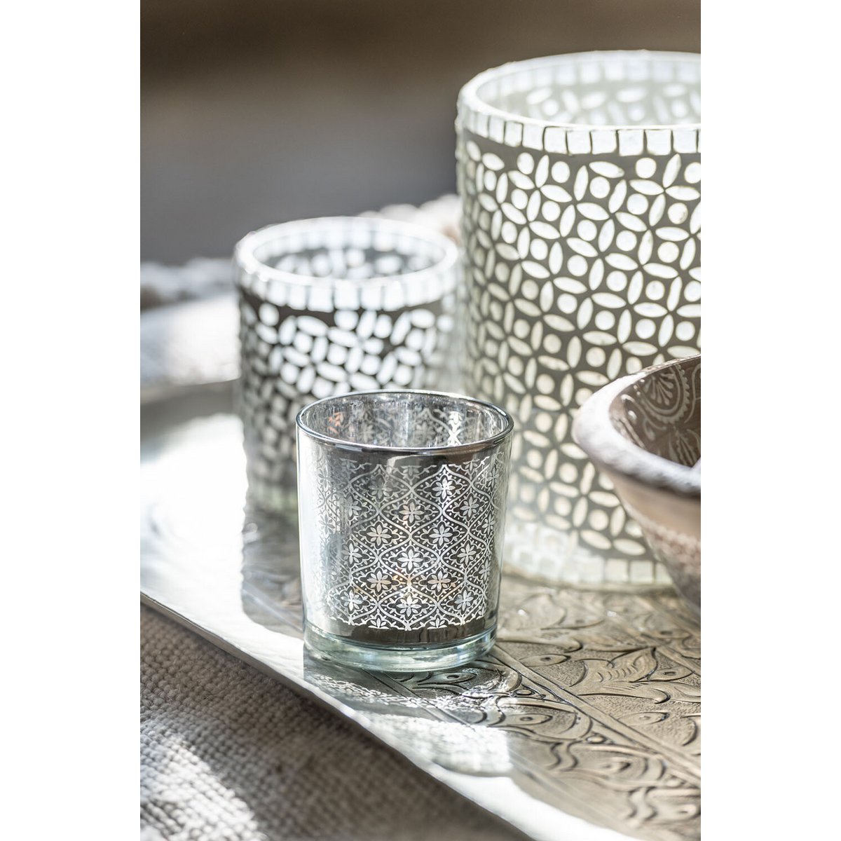 J-Line - Kerzenhalter - Teelichthalter Orientalisch - Glas Silber