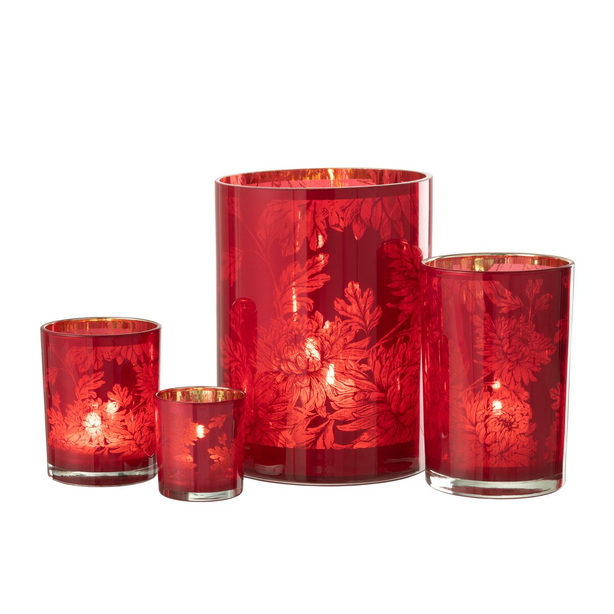 J-Line - Lanterne Fleurs - Verre - Rouge - Extra Large