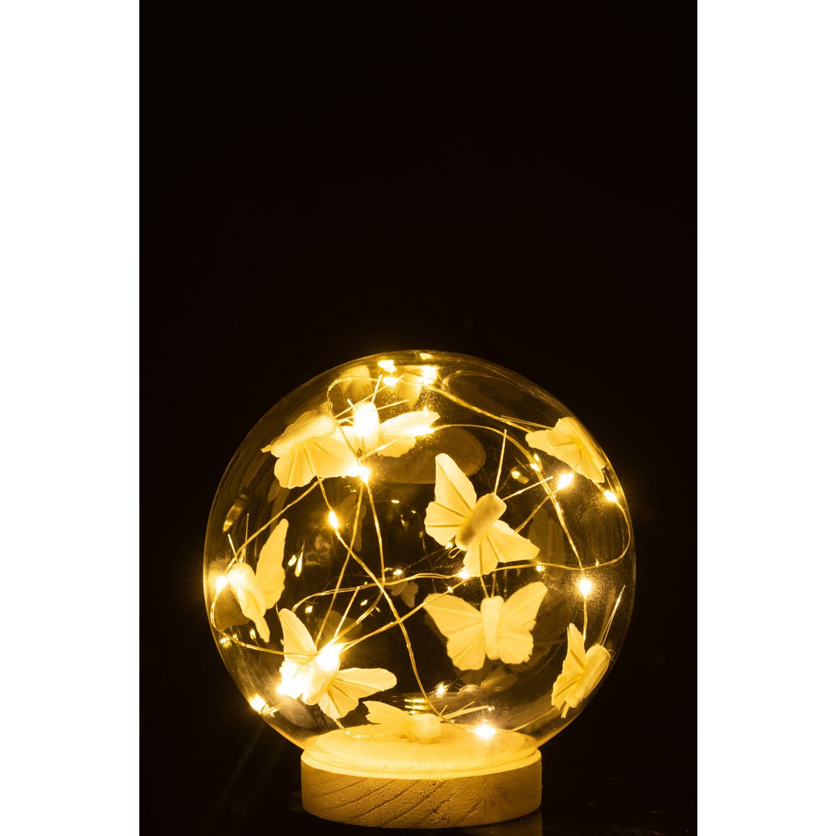 J-Line - Cloche avec papillons - Verre/Bois - Naturel - L - Lumières LED