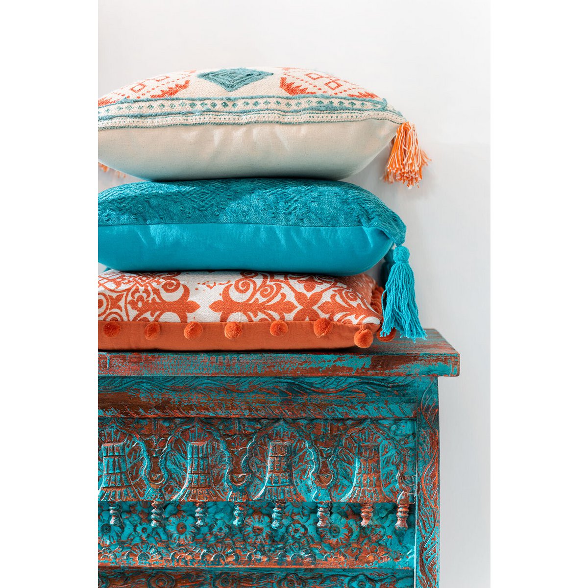 J-Line - Coussin Carré Fayola - Coton - Turquoise