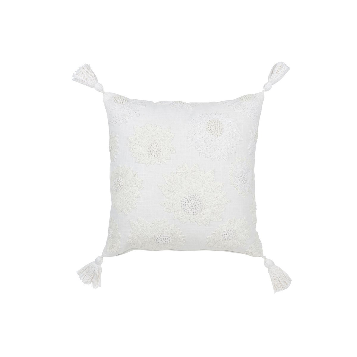 J-Line - Coussin Fleurs + Pompons - Coton - Blanc