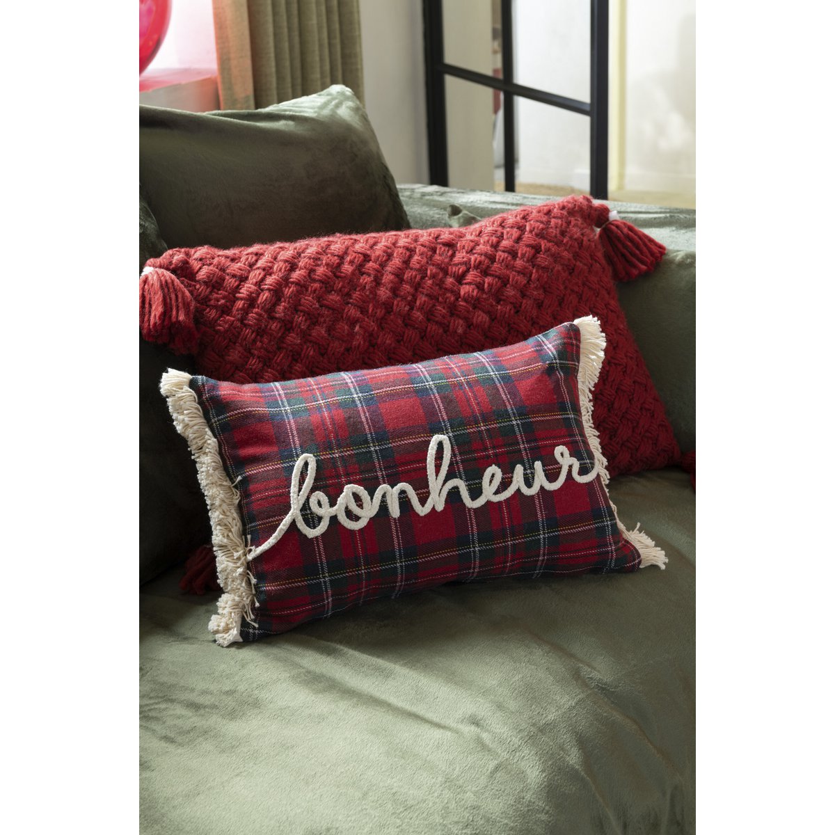 J-Line Cushion Check Bonheur Rot/Grün