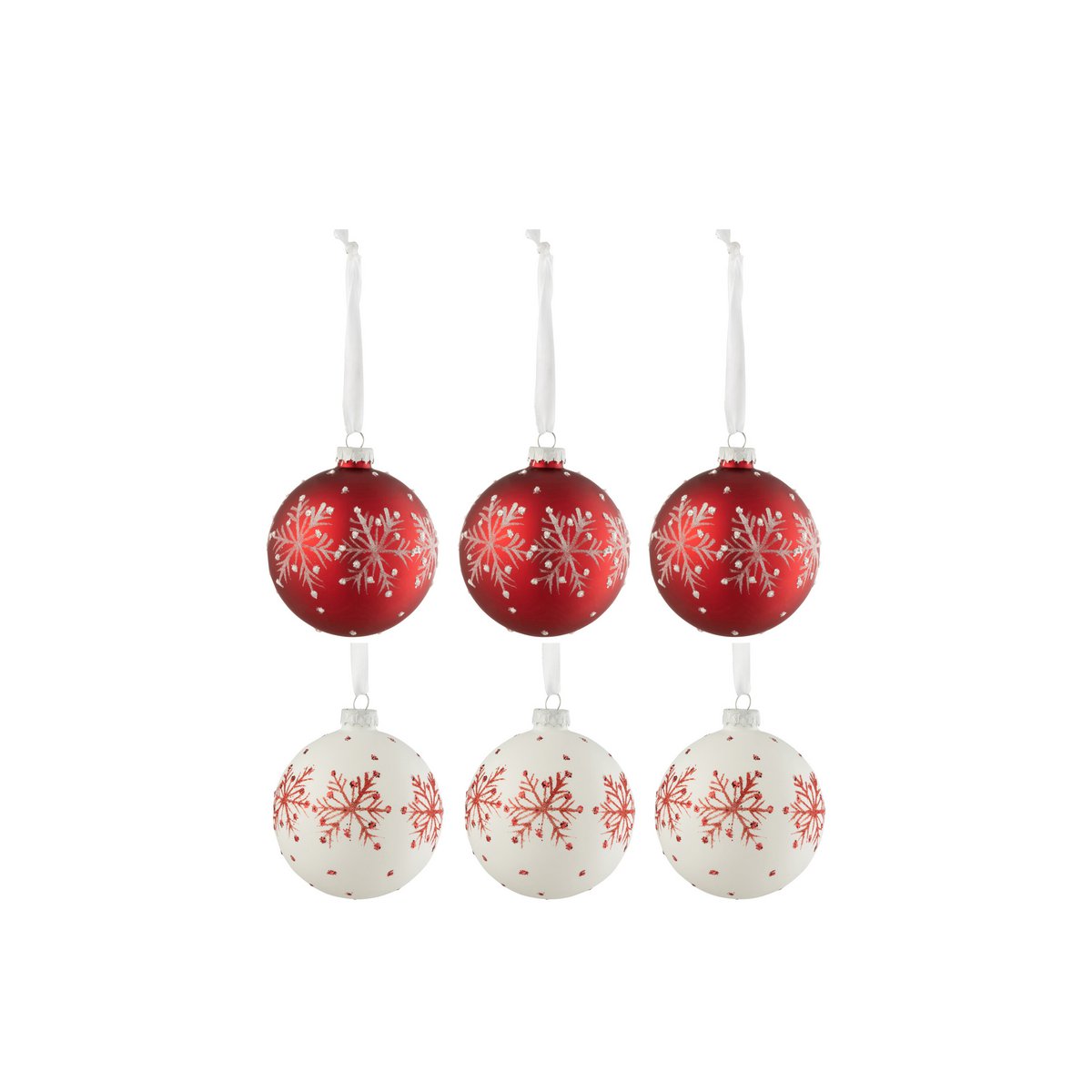 J-Line Doos Van 6 Kerstballen Sneeuwvlokken Glitter Glas Wit/Rd Small