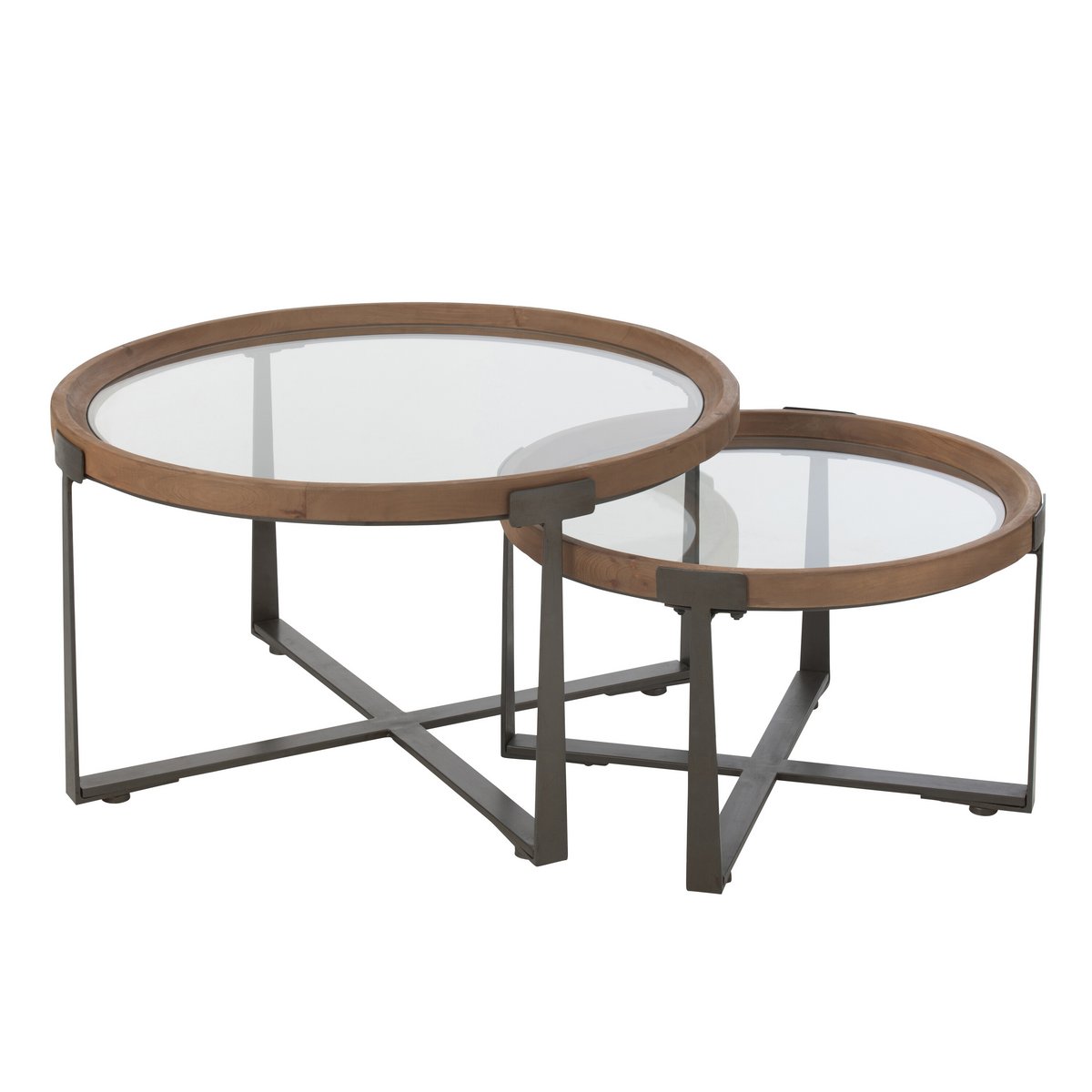 J-Line - Lot de 2 Tables Basses Luki Verre/Bois de Sapin Naturel/Noir