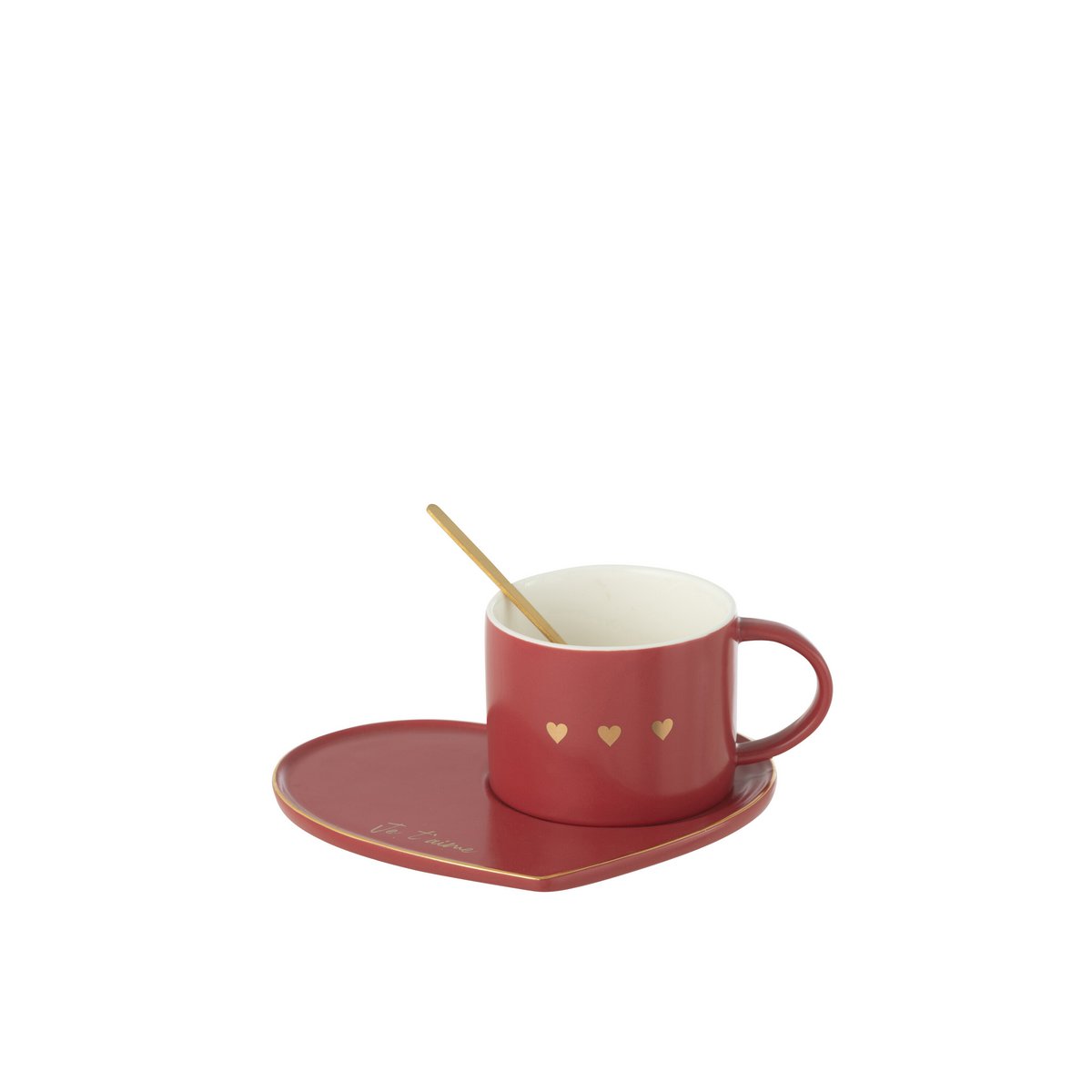 J-Line - Mug + Assiette + Cuillère 3 Coeurs Céramique Rouge