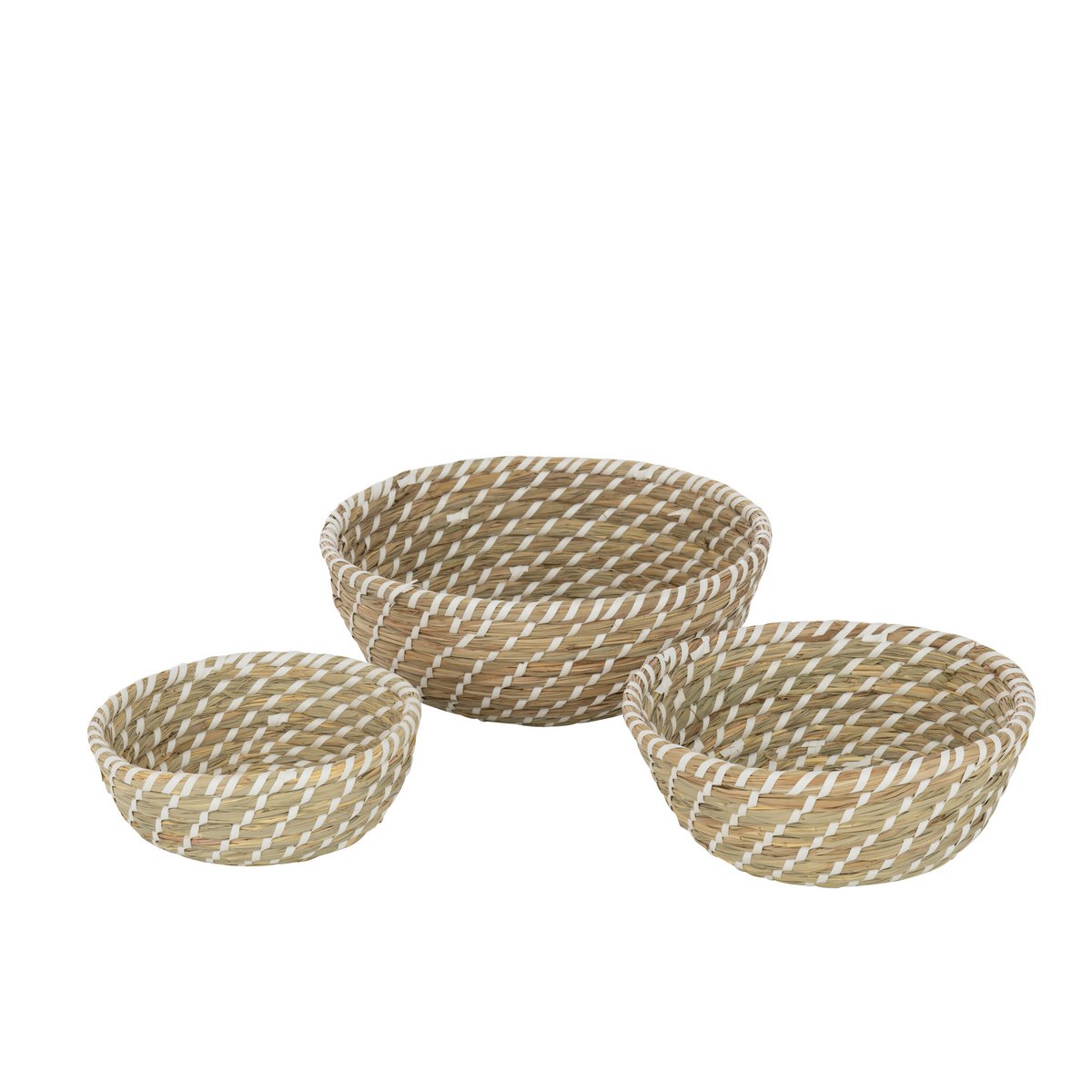 J-Line - Lot de 3 Paniers Ronds Paille Naturel/Blanc