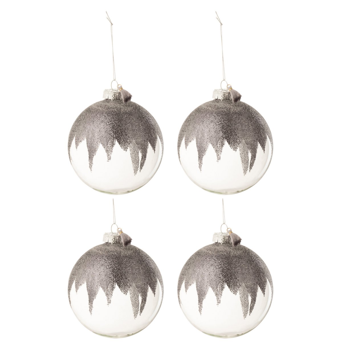 J-Line Doos Van 4 Kerstballen Glitter Mini Kwast Grijs Glas Transparant Large