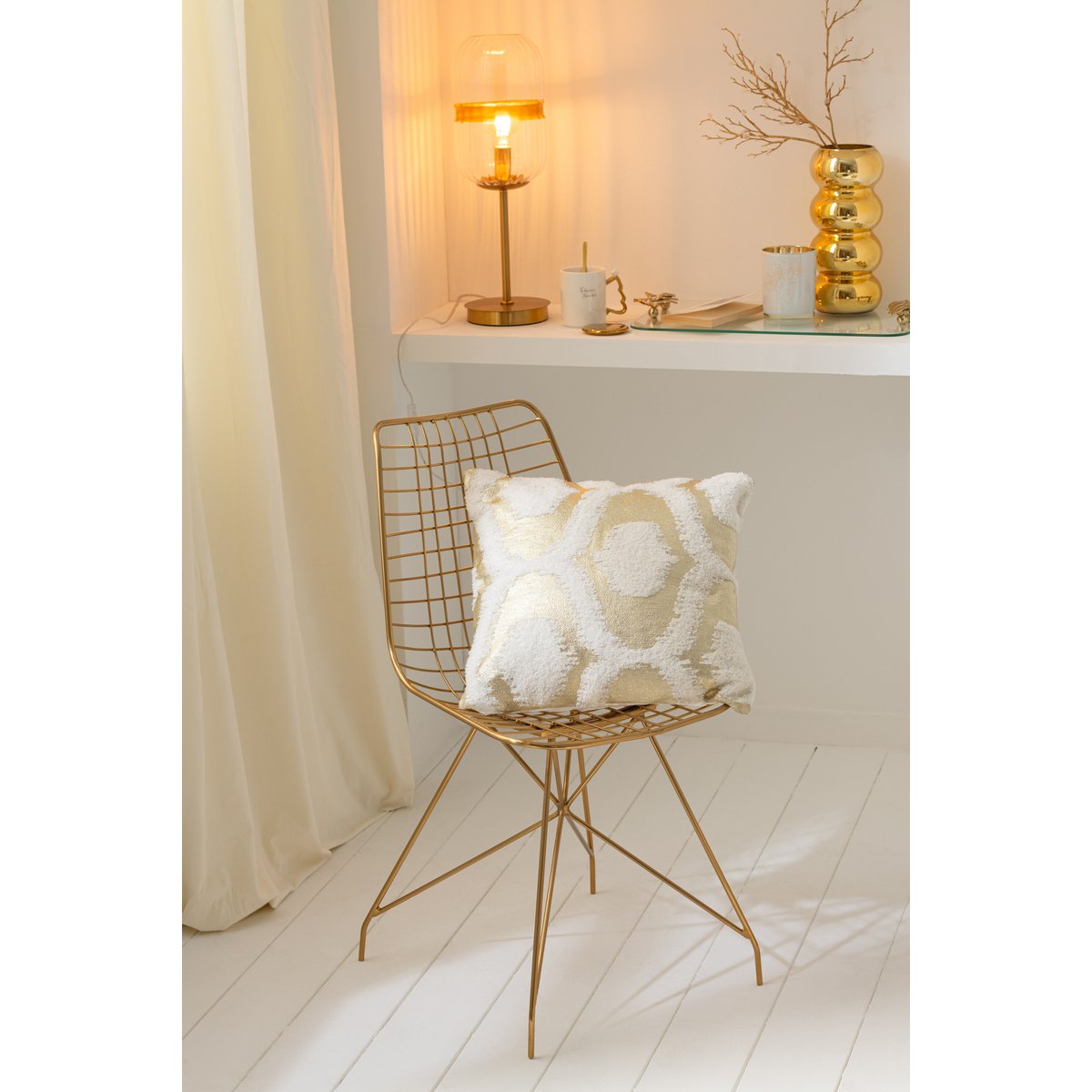 J-Line - Coussin Foil Print - Coton - Blanc/Or