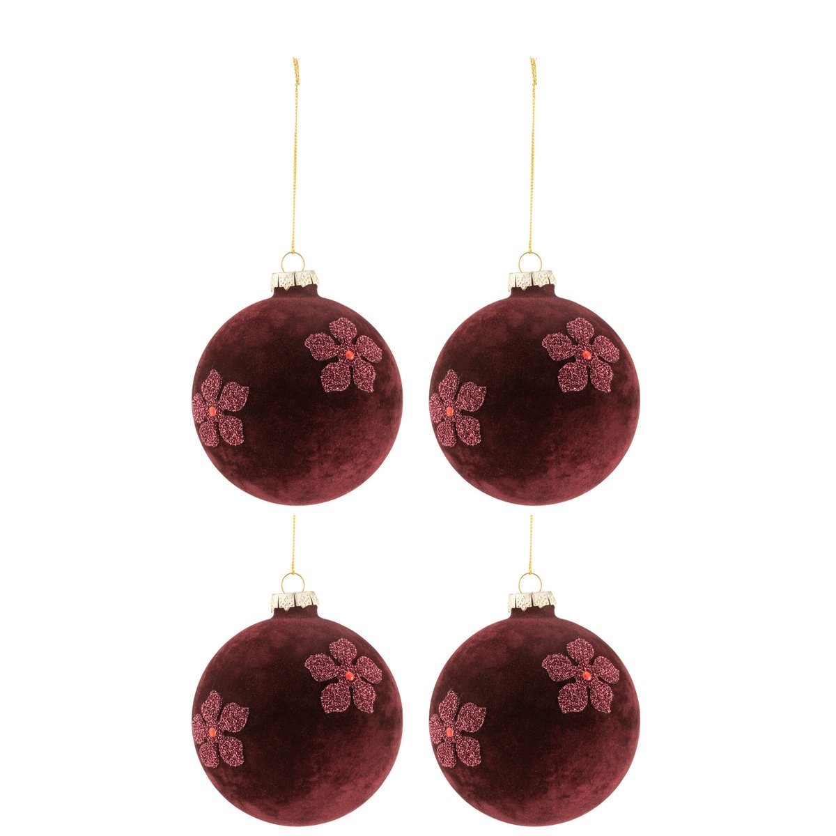 J-Line Doos Van 4 Kerstballen Bloemen Fluweel Glas Burgundy Medium