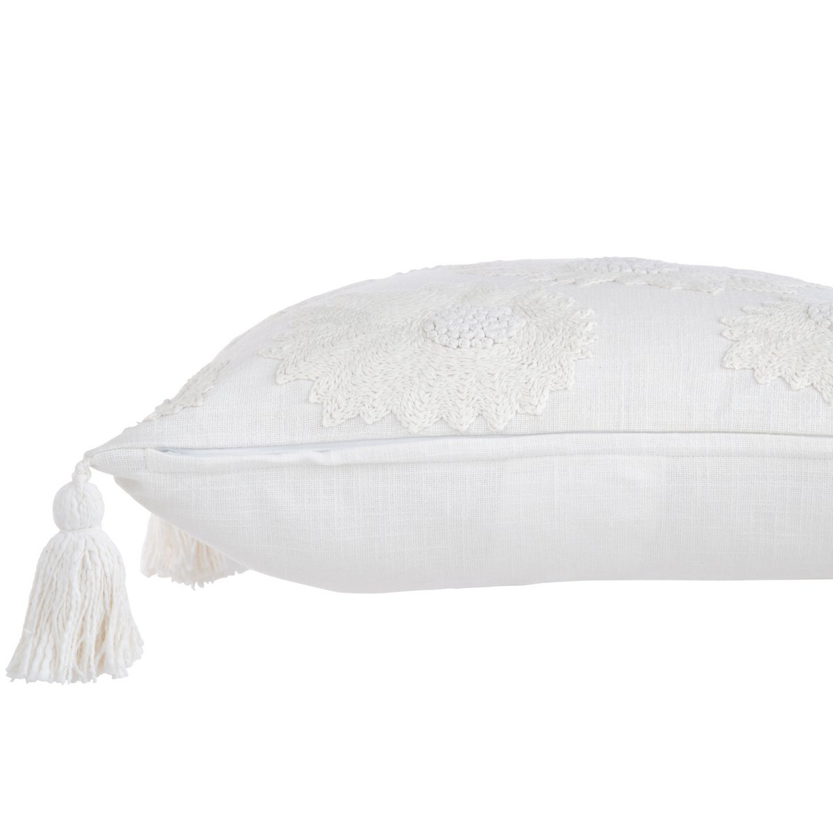 J-Line - Coussin Fleurs + Pompons - Coton - Blanc