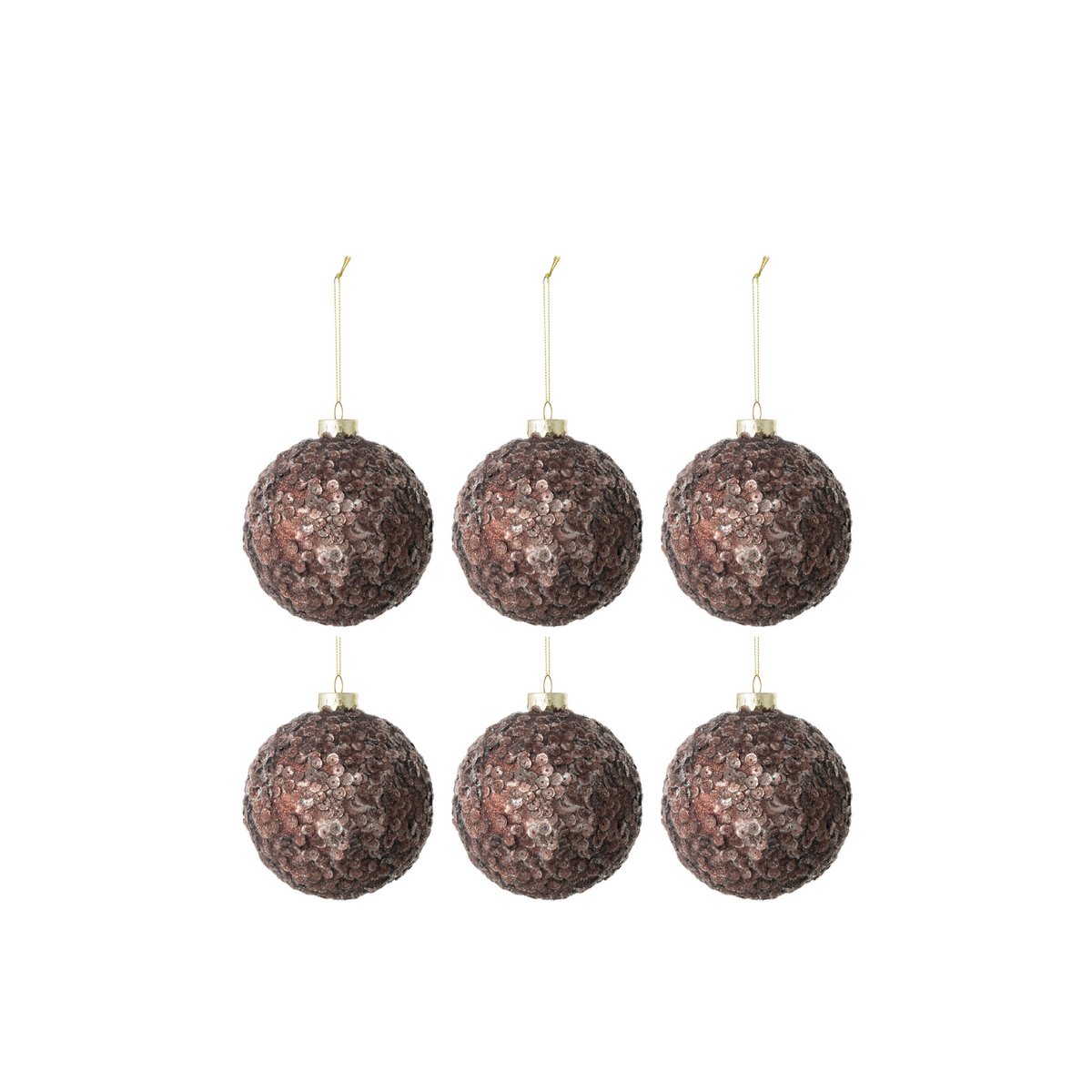 J-Line Doos Van 6 Kerstballen Paillettensuiker Mat Glas Donker Bruin Small