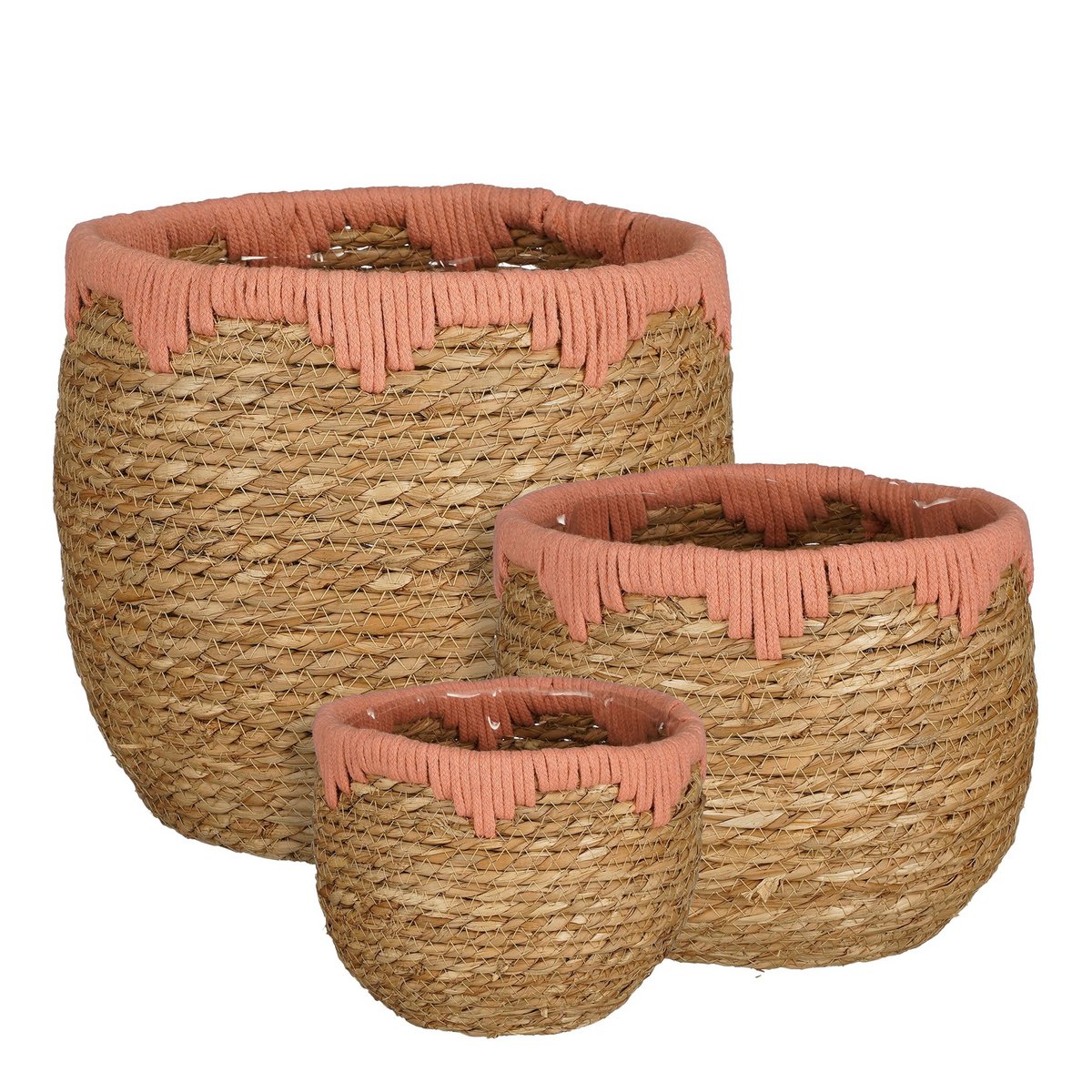 Mica Decorations - Panier à Plantes Jorck - Lot de 3 - H24 x Ø26 cm - Jonc de Mer - Rose, Marron