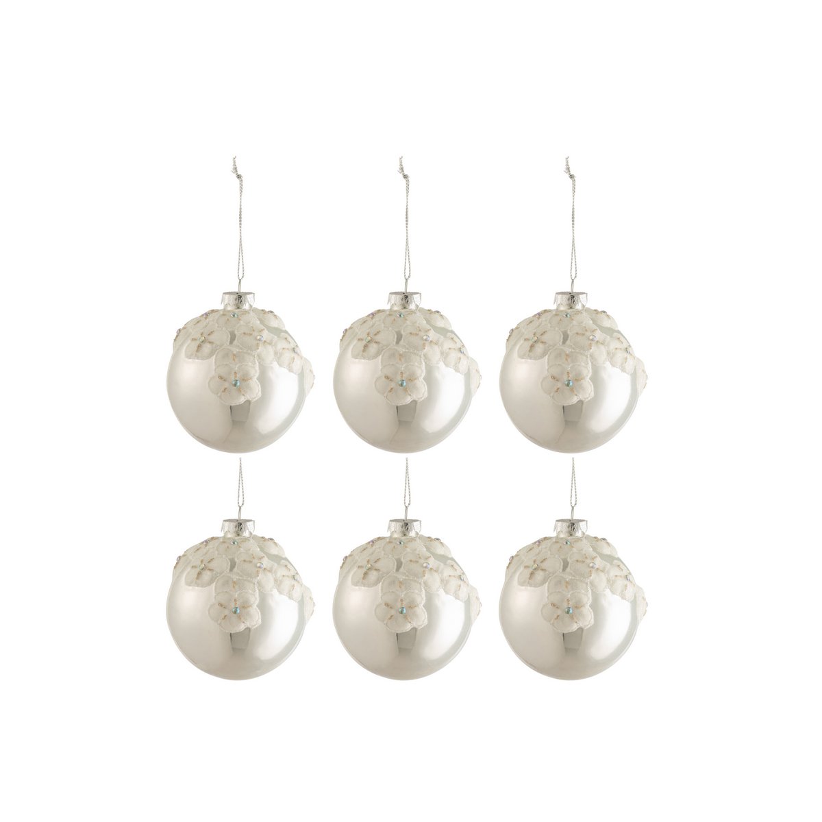 J-Line Doos Van 6 Kerstballen Bloemen Glas Blinkend Zilver Small