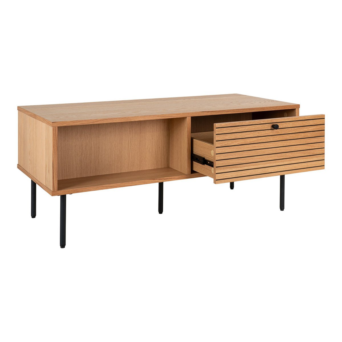 House Nordic - Kyoto Coffee Table - Table basse, placage chêne, pieds métal noir, 2 tiroirs, 50x100x45 cm