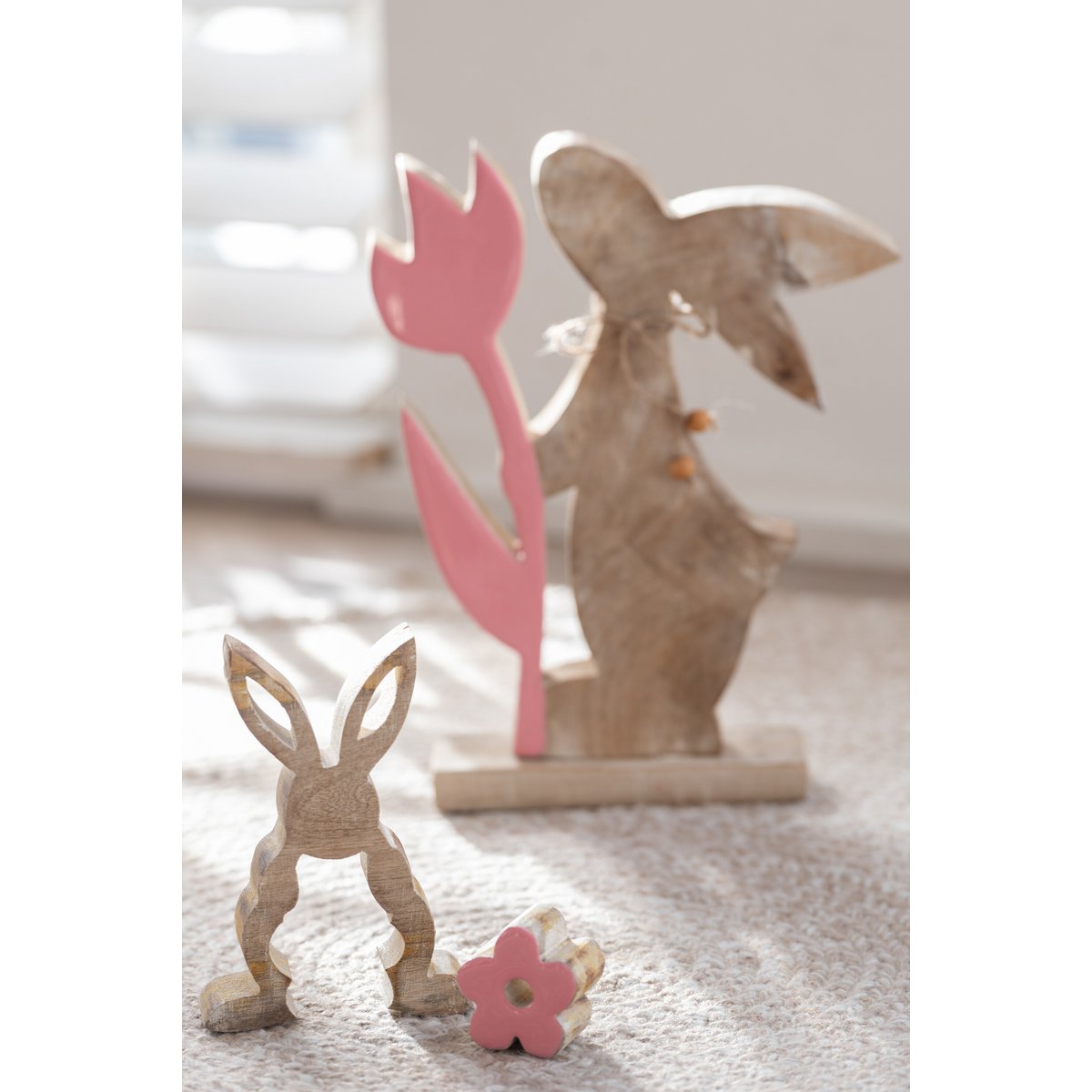 J-Line - Décoration Lapin Avec Fleur - Bois - Rose - Grand