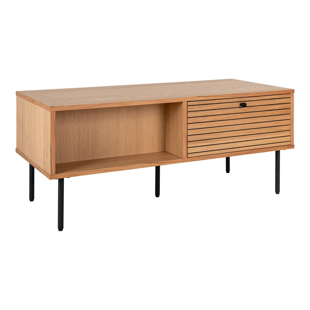 House Nordic - Kyoto Coffee Table - Table basse, placage chêne, pieds métal noir, 2 tiroirs, 50x100x45 cm