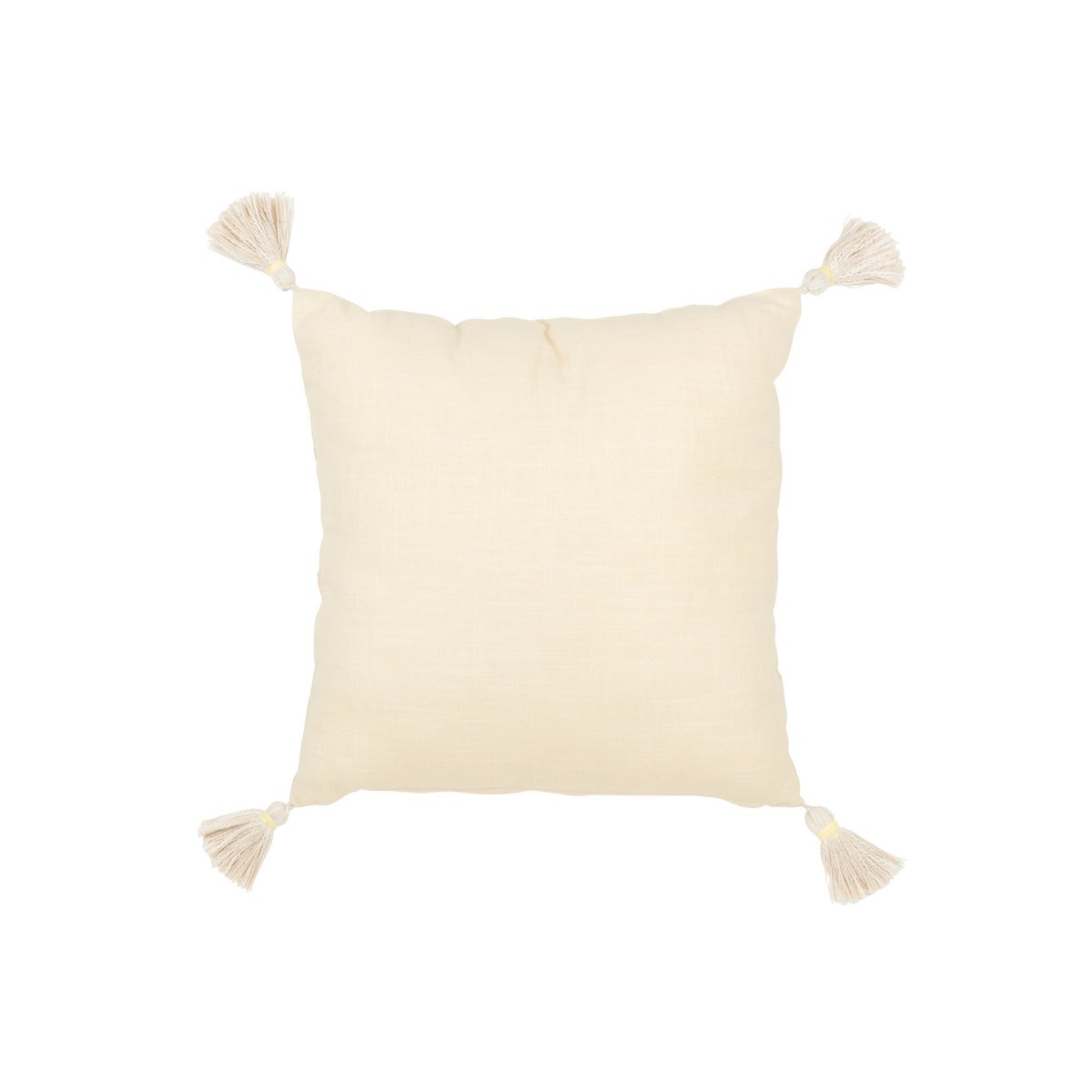 J-Line - Coussin Carré Fleurs + Pompons - Coton - Jaune Clair