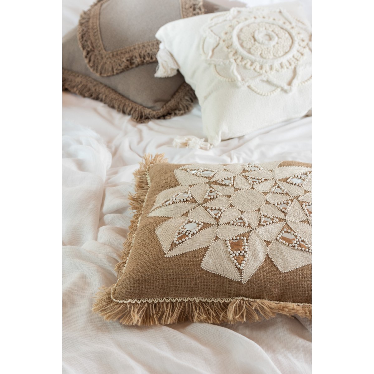 J-Line - Coussin Frange Carré - Coton - Taupe