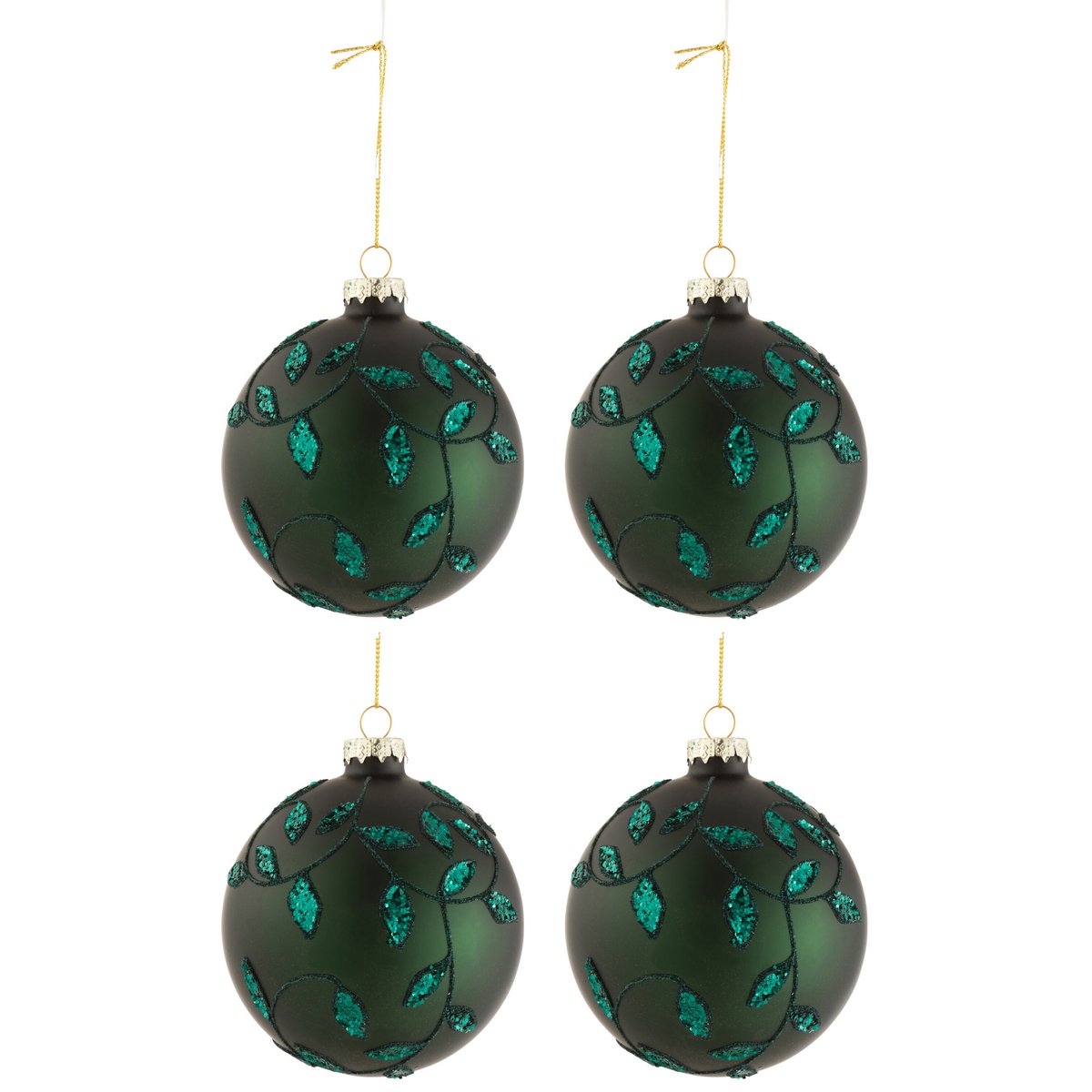 J-Line Doos Van 4 Kerstballen Blaadjes Glitter Glas Mat Groen Medium