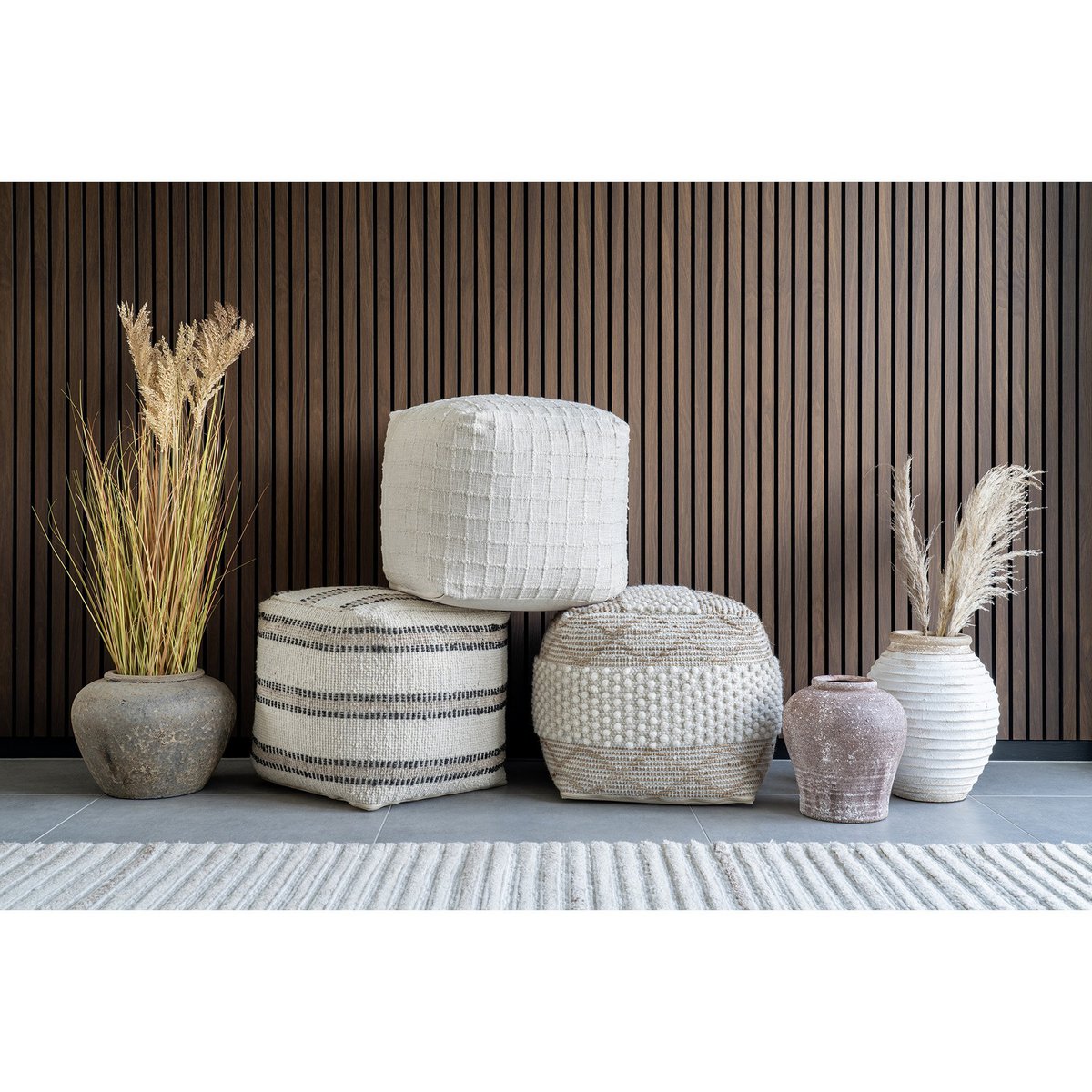 House Nordic - Guna Pouf - Pouf, handgewebt, Elfenbein, 40x40 cm