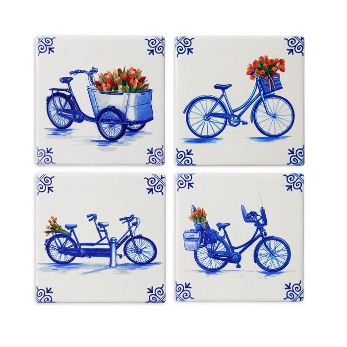 Heinen Delfts Blauw - Onderzetters 'Fiets' (Set van 4)