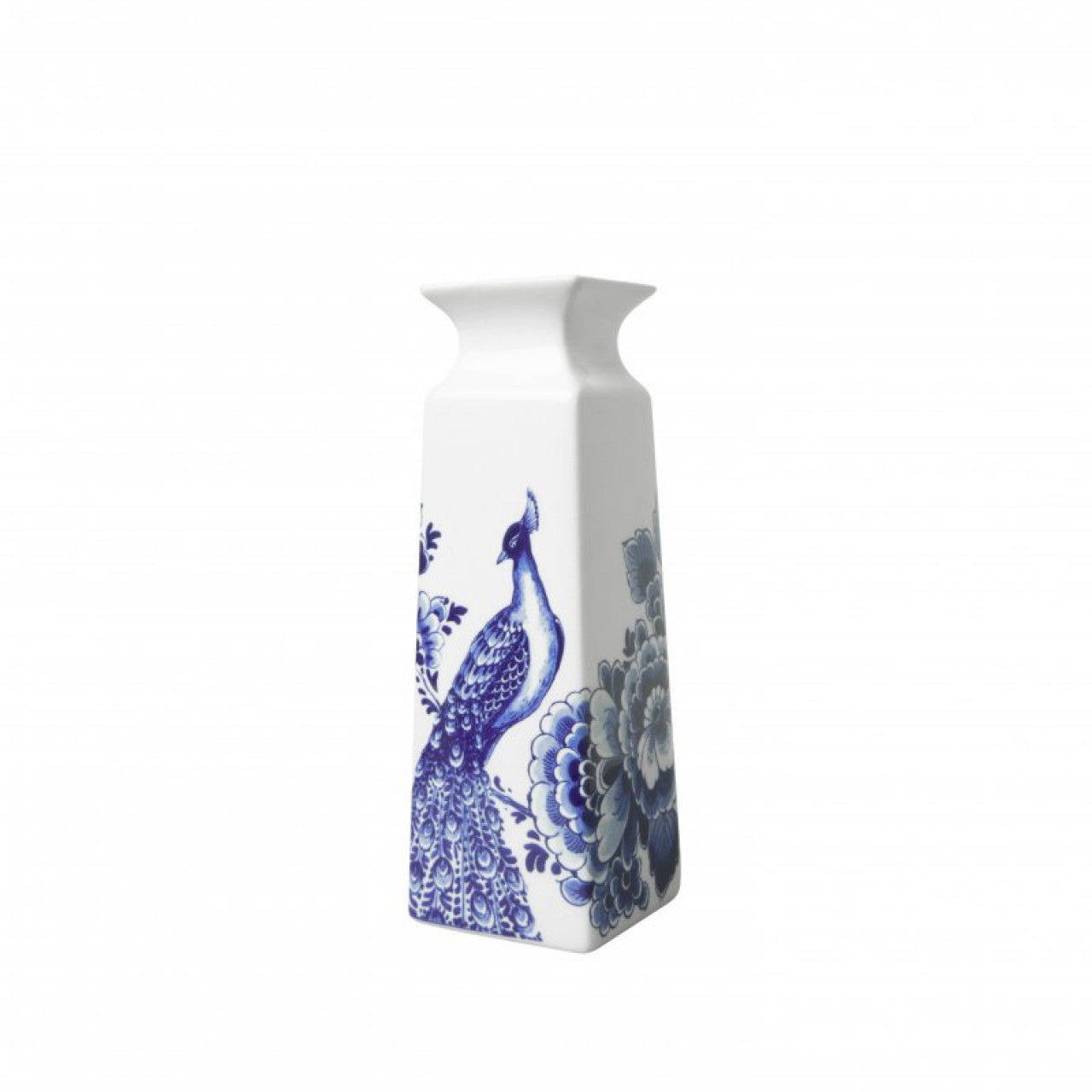 Heinen Delft Blue - Vase carré 'Fleur et paon' (Petit)