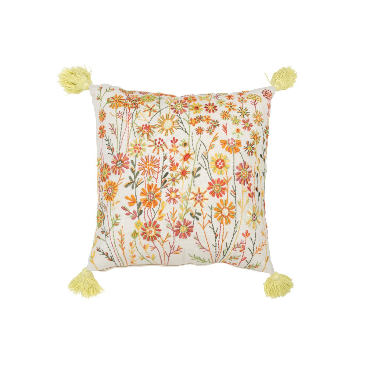 J-Line - Coussin décoratif 'Fleurs + Pompons' (Blanc/Orange)