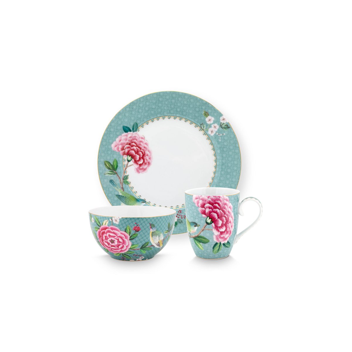 Pip Studio - Set de petit-déjeuner 'Blushing Birds' (Lot de 3, Bleu)